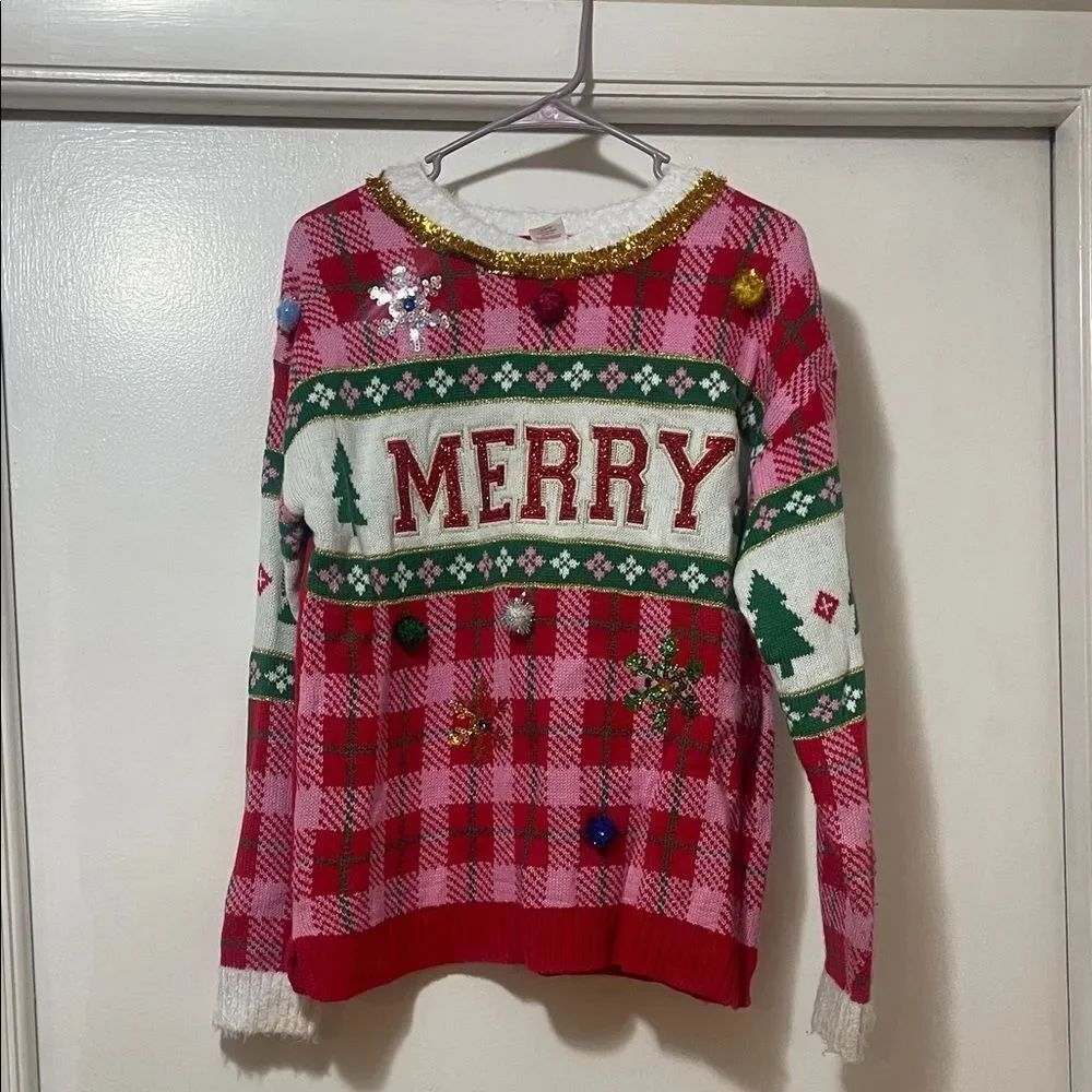 Holiday Time Pink and Red Plaid Christmas Sweater size medium